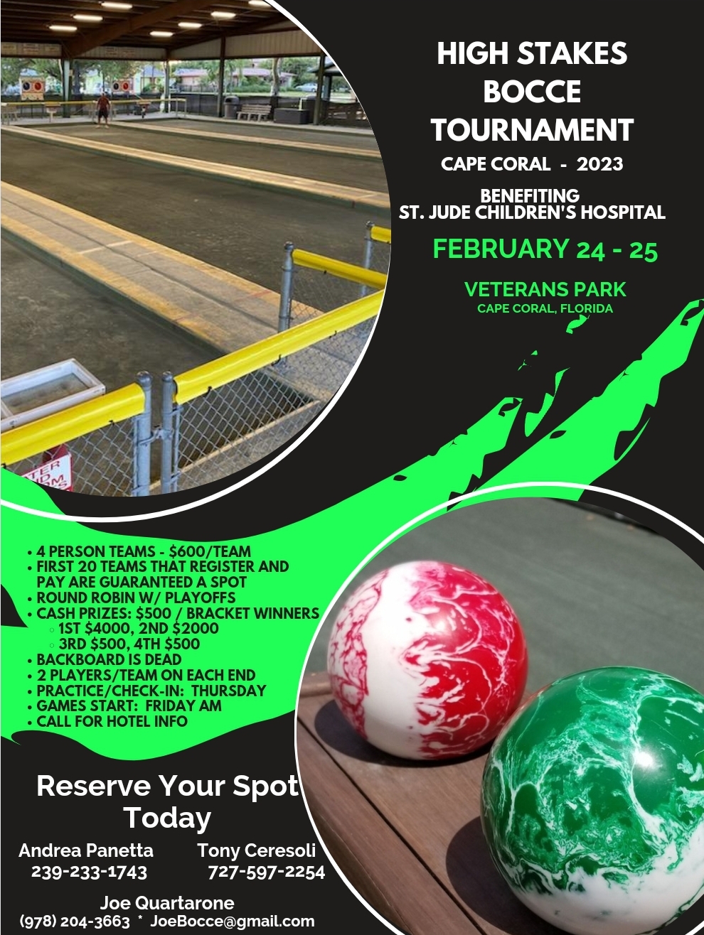 2024 Bocce Tournament in Cape Coral, Florida. It is a fundraiser for St. Jude Children's Hospital. Bocce Ball is a sport that is easy to learn. Women, Men, children, adults and seniors all enjoying playing bocce. We often play bocce to raise money for charities.