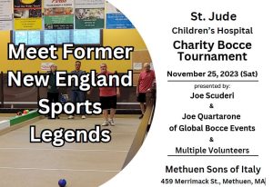 St. Jude Children's Hospital Bocce Tournament in Methuen / Boston, Massachusetts. We are raising money for reseach and for housing the families of sick children while they are receiving treatment. Global Bocce and Joe Bocce are organizing the charity bocce fundraiser event. 